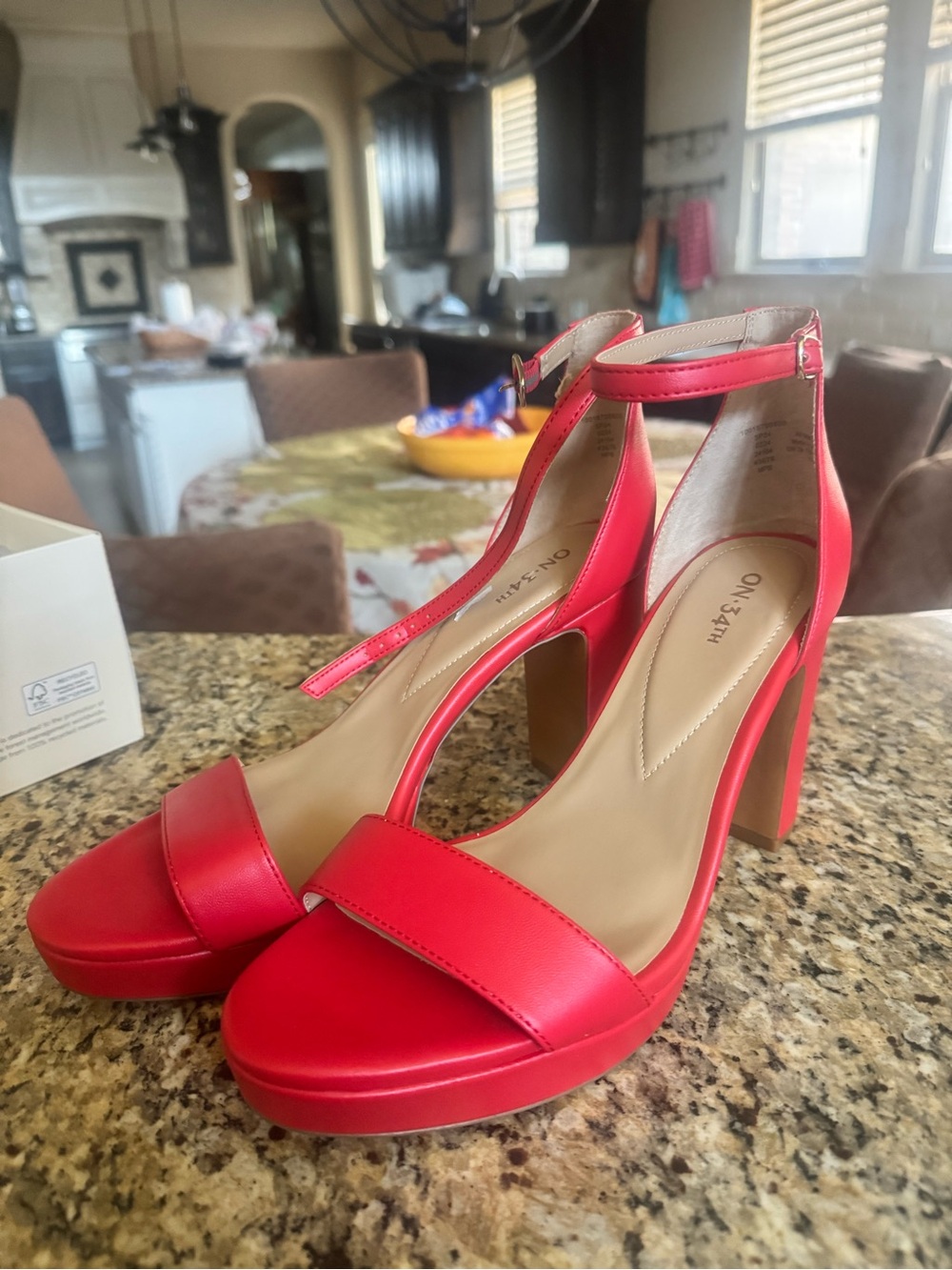 On-34th Red Ankle-Strap Heels
